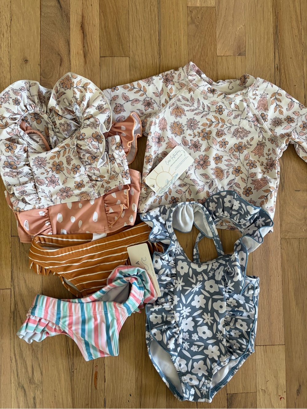 Floral & Stripe baby girl newborn One-Piece Swim - Blue, Pink, Rust Bundle SOVA